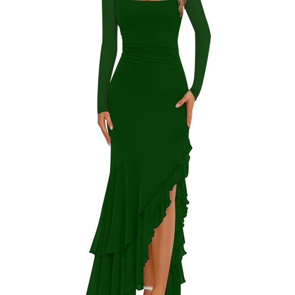 Bodycon Ruched Mesh Long Sleeve Maxi Dress Mermaid Ruffle Formal